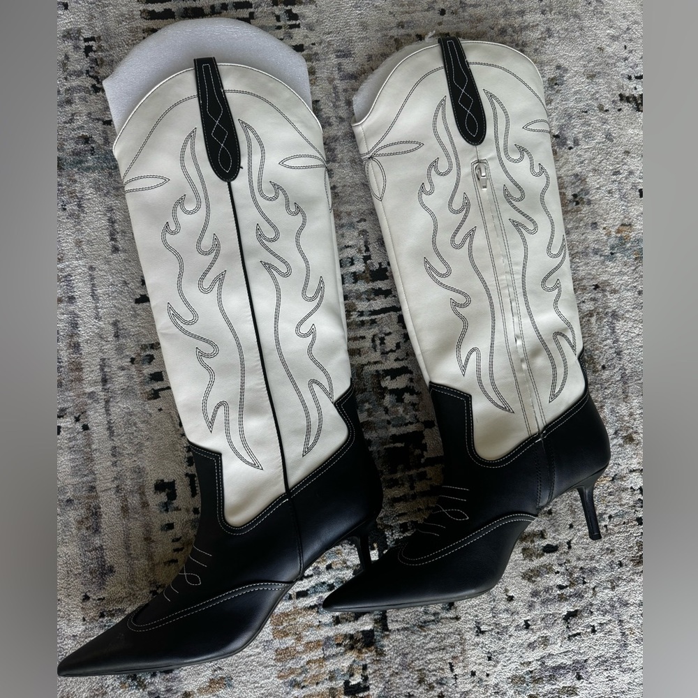 P-leather INC Black/BoneWhite tall boots…skinny fashionable heel...